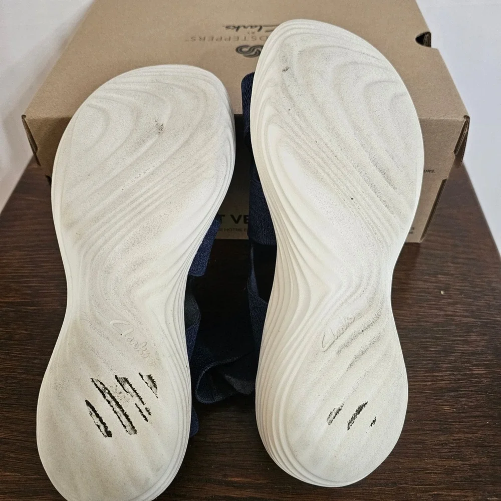 Clarks Cloudsteppers Marin Sail Navy Knit Wedge Sandals Womens 10W 26160799